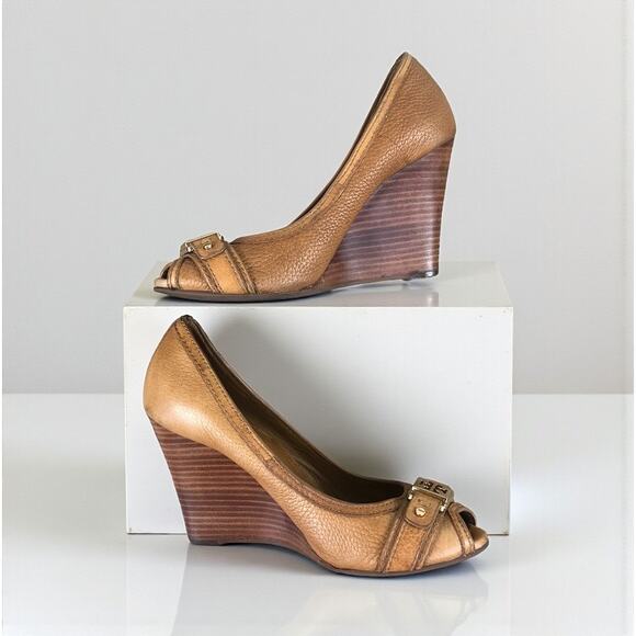 TORY BURCH Carnell Peep Toe Pebble Leather Wedge Pumps Sz 7M Brown Elegant Party - Picture 2 of 11